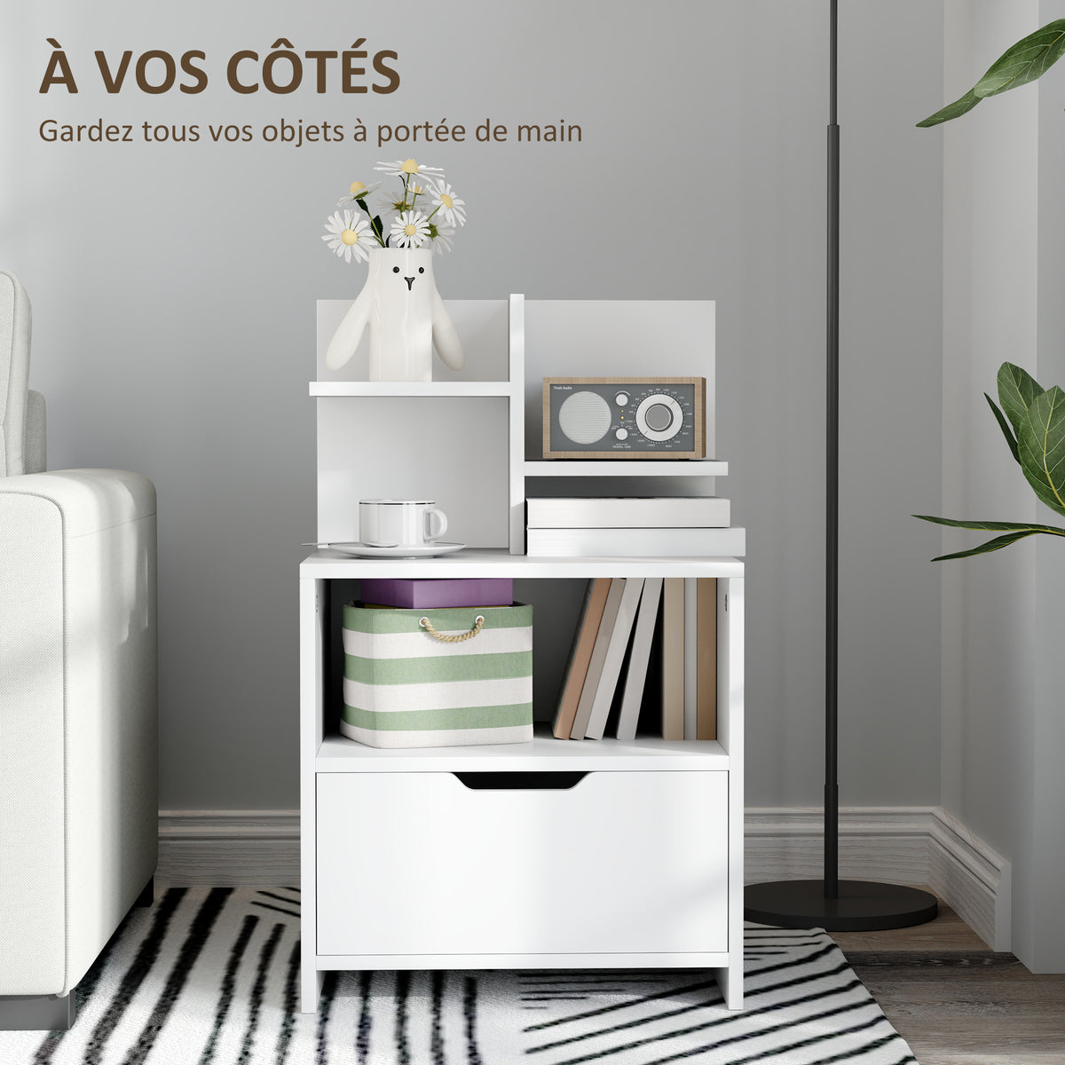 Table de chevet table de nuit avec tiroir, niche et étagères de rangement effet bois 45 x 35 x 73 cm blanc-3