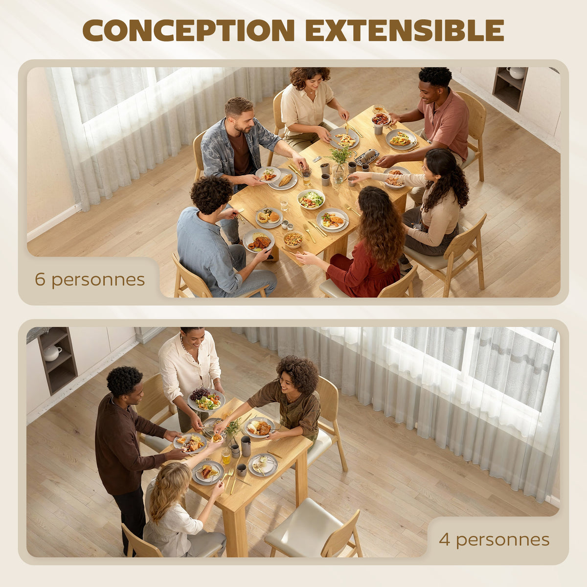 Table à manger extensible rectangle pour 4 à 6 personnes, table de cuisine 70-140 cm, patins en feutre, bois naturel-3