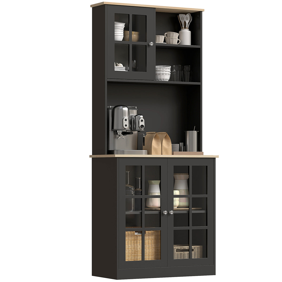 Buffet cuisine, meuble cuisine rangement haut, meuble de rangement avec plan de travail, 3 portes vitrées, 2-0