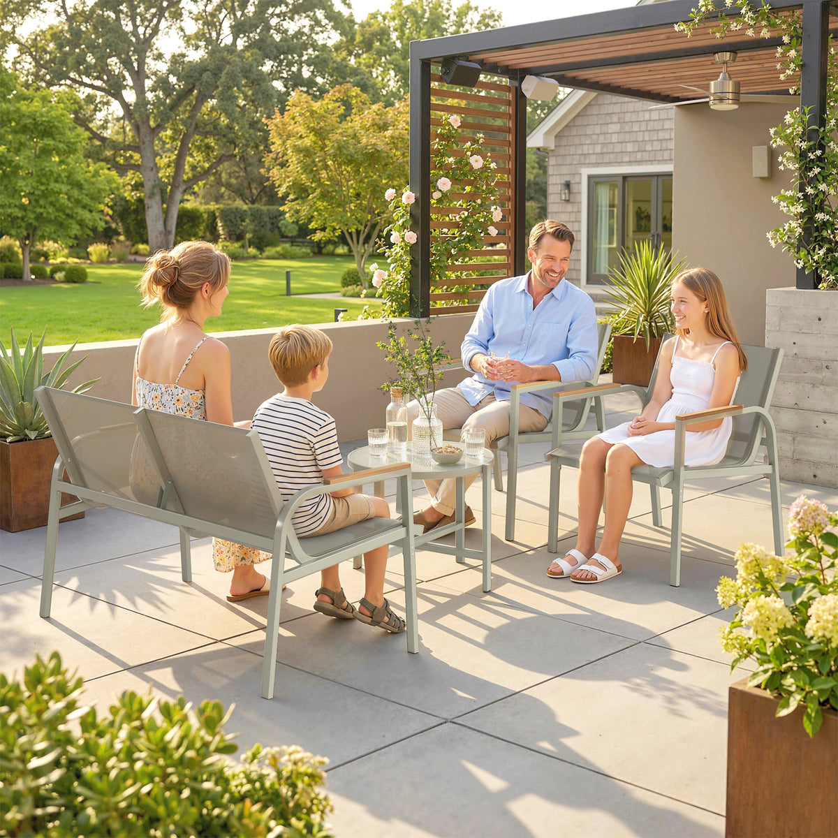 Salon de Jardin Ensemble de Terrasse avec Canapé 2 Places, 2 Fauteuils et Table Basse en Verre Trempé 4 Pièces Vert-7