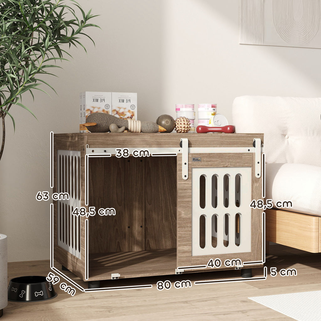 Meuble cage pour chien avec porte coulissante, maison pour chien de moyenne, table d'appoint, 80 x 59 x 63 cm, noyer-2