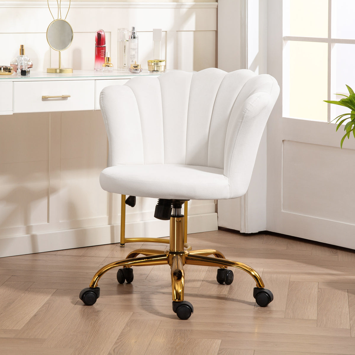Chaise bureau en velours, chaise coiffeuse avec dossier en pétale, hauteur réglable, 69 x 64 x 80-90 cm, blanc-1