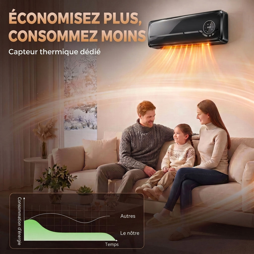 Chauffage mural en céramique 1000/2000W, radiateur électrique, ventilateur, thermostat, minuterie, 50x18,6x12,9cm, noir-5