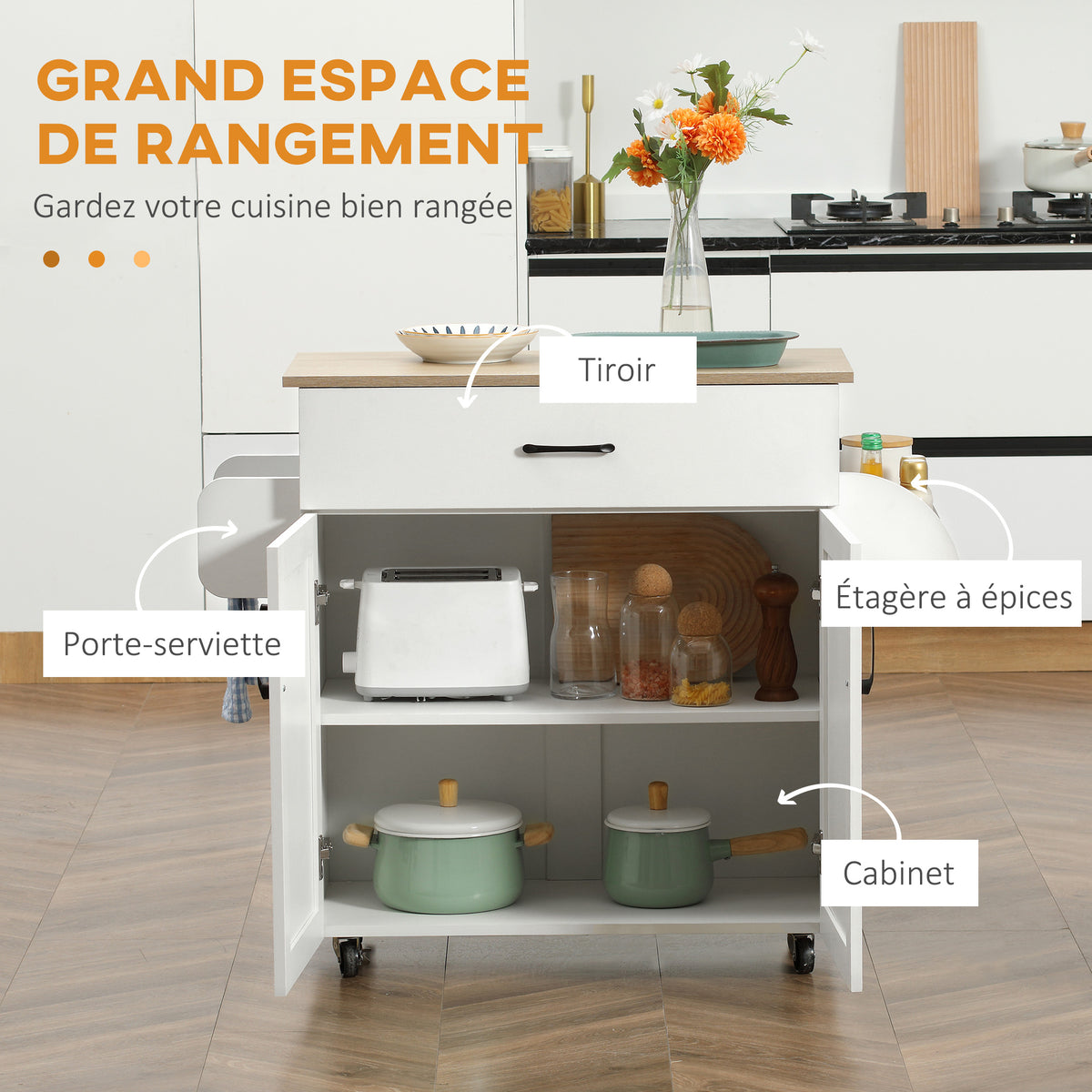 Dessert îlot de cuisine multi-rangements 1 tiroir 1 placard 2 portes avec étagère réglable porte-torchons et porte-épices - bois blanc-3