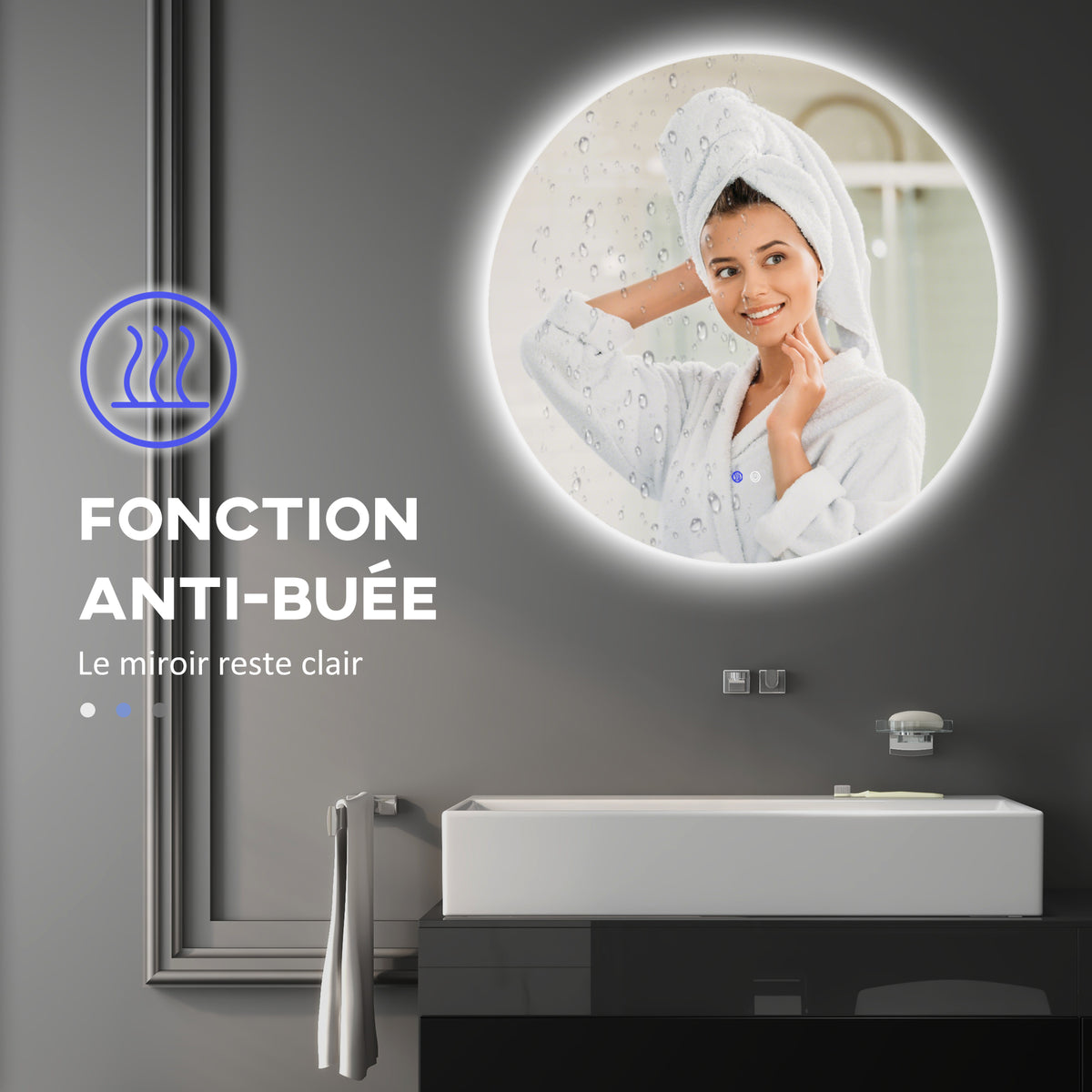 Miroir rond lumineux LED de salle de bain Ø 70 cm mural avec éclairage interrupteur tactile système antibuée  35 W gris-6