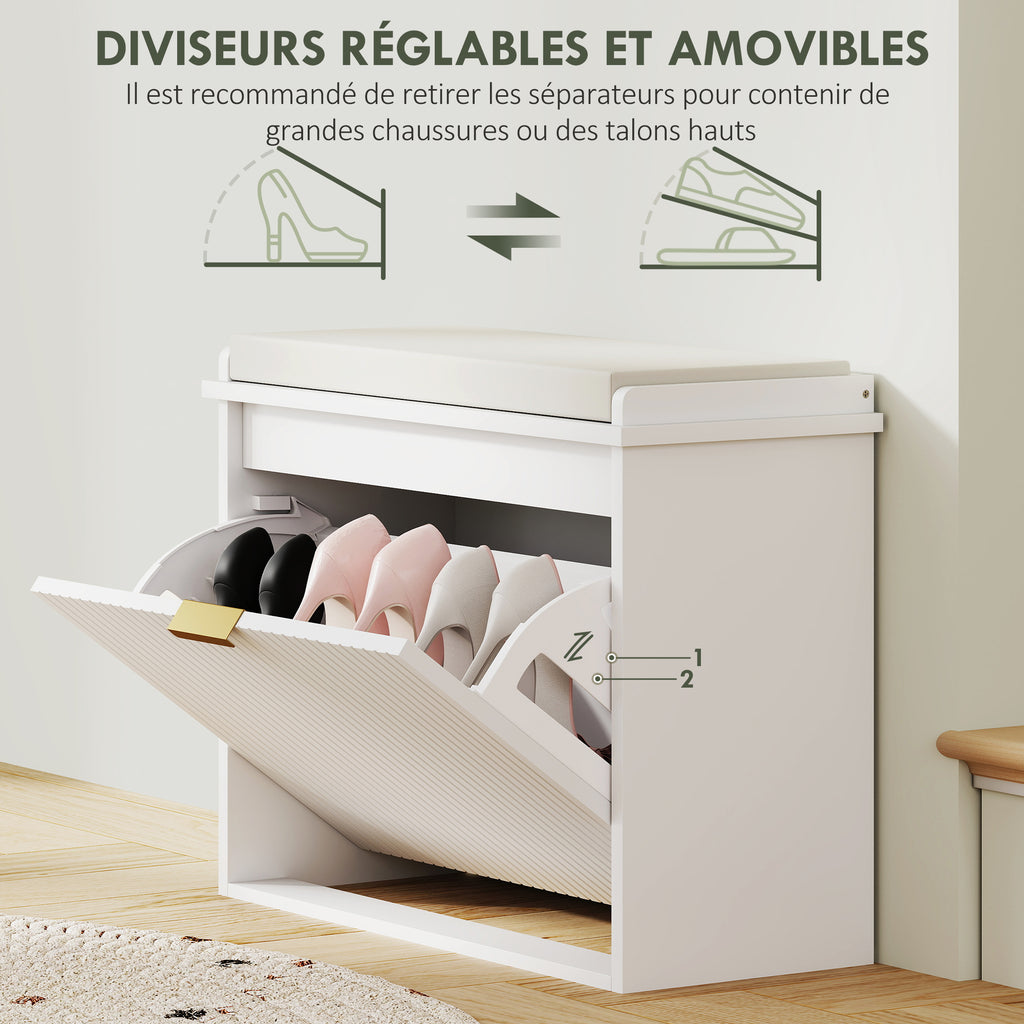 Banc à chaussures avec coussin d'assise rembourré et tiroir rabattable pour couloir, chambre, 62 x 26 x 47,5 cm, blanc-5