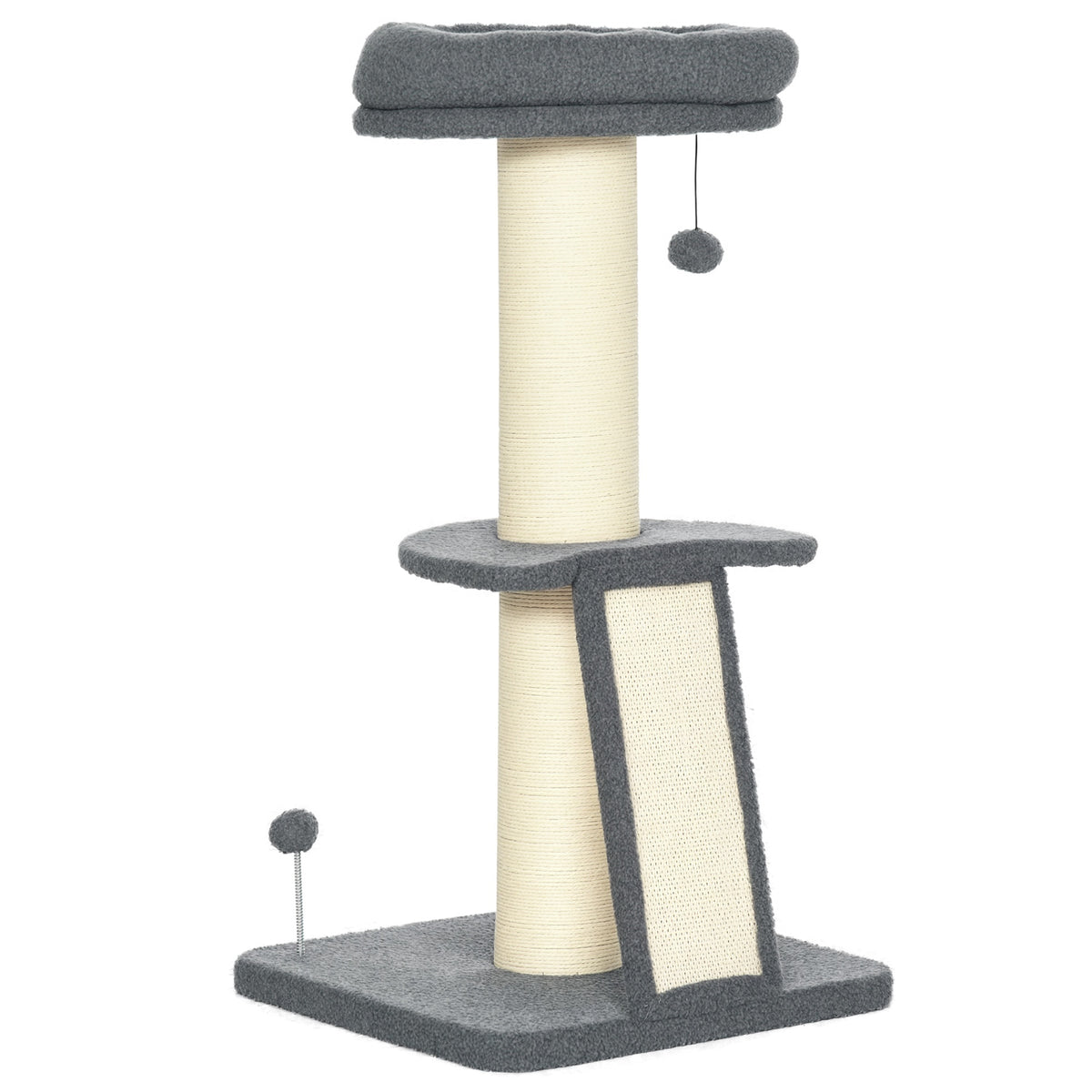 Arbre à chat avec griffoir tronc en sisal boules suspendues et plate-forme d'observation hauteur 92 cm - gris-0