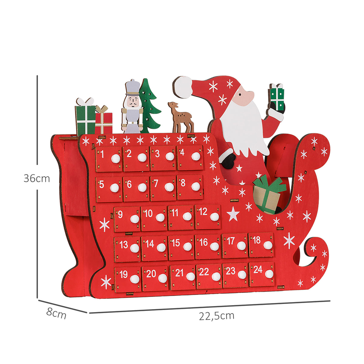 Calendrier de l'Avent à remplir en bois, décoration de Noël avec 24 tiroirs, Père Noël et traîneau, 22,5x8x36cm, rouge-2