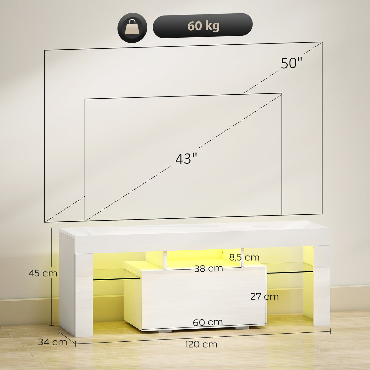 Meuble TV, meuble télé avec éclairage LED RGB, haute brillance, étagères en verre trempé, 120x34x45cm, blanc-2
