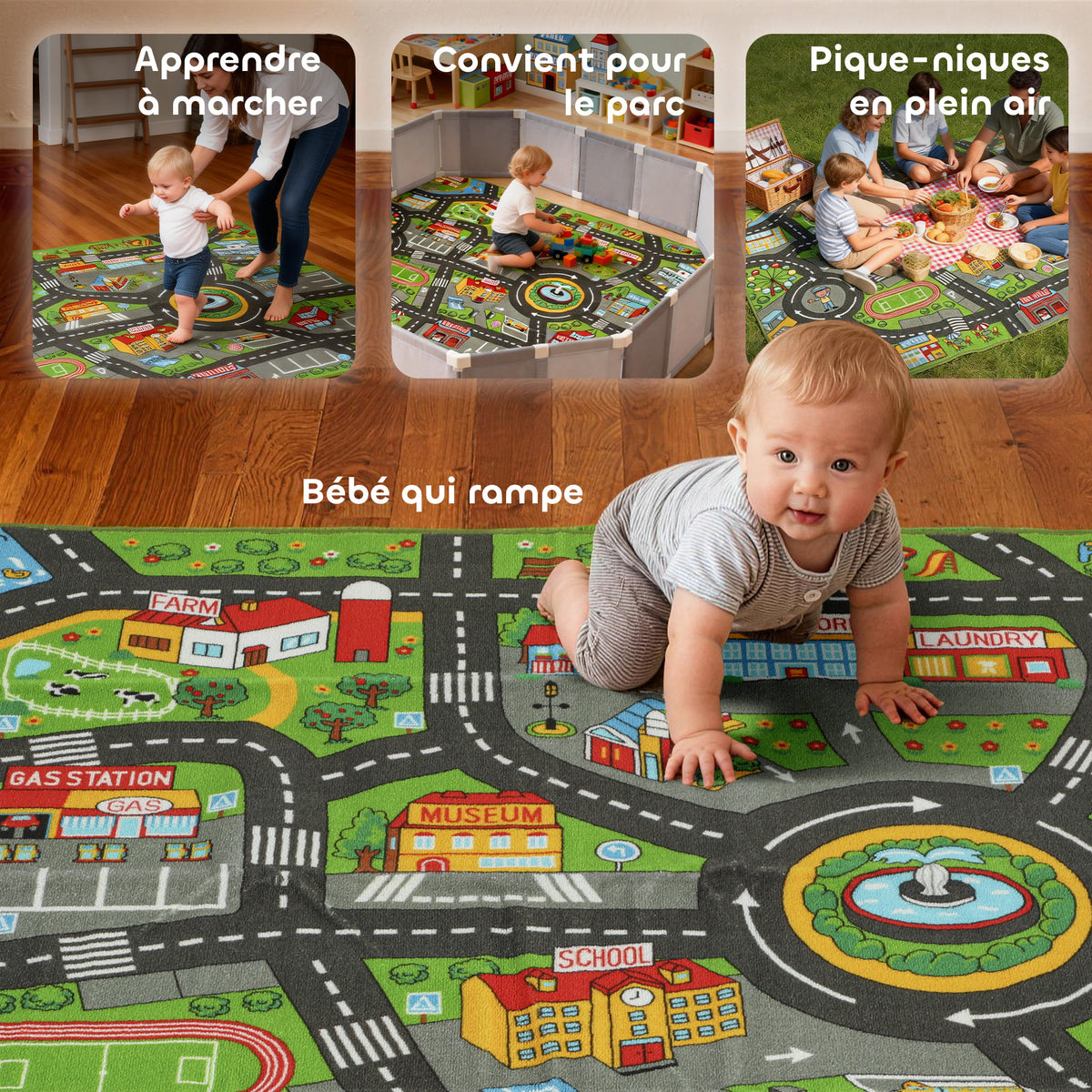 Tapis de jeu pour bébé, tapis de sol antidérapant, motif de route de la ville, 200 x 150 cm, multicolore-6
