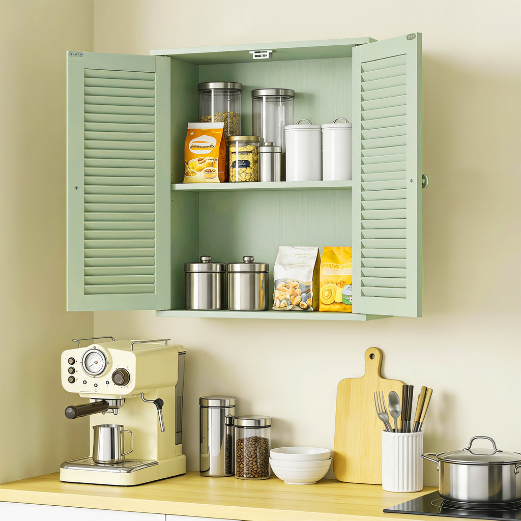 Armoire murale de salle de bain, meuble de rangement suspendu avec 2 portes persiennes et étagère réglable, vert-8