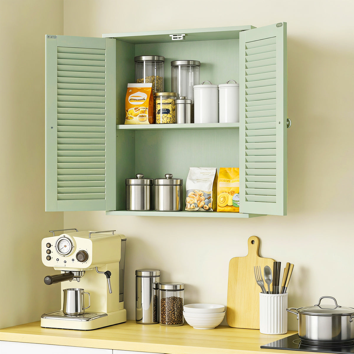Armoire murale de salle de bain, meuble de rangement suspendu avec 2 portes persiennes et étagère réglable, vert-8