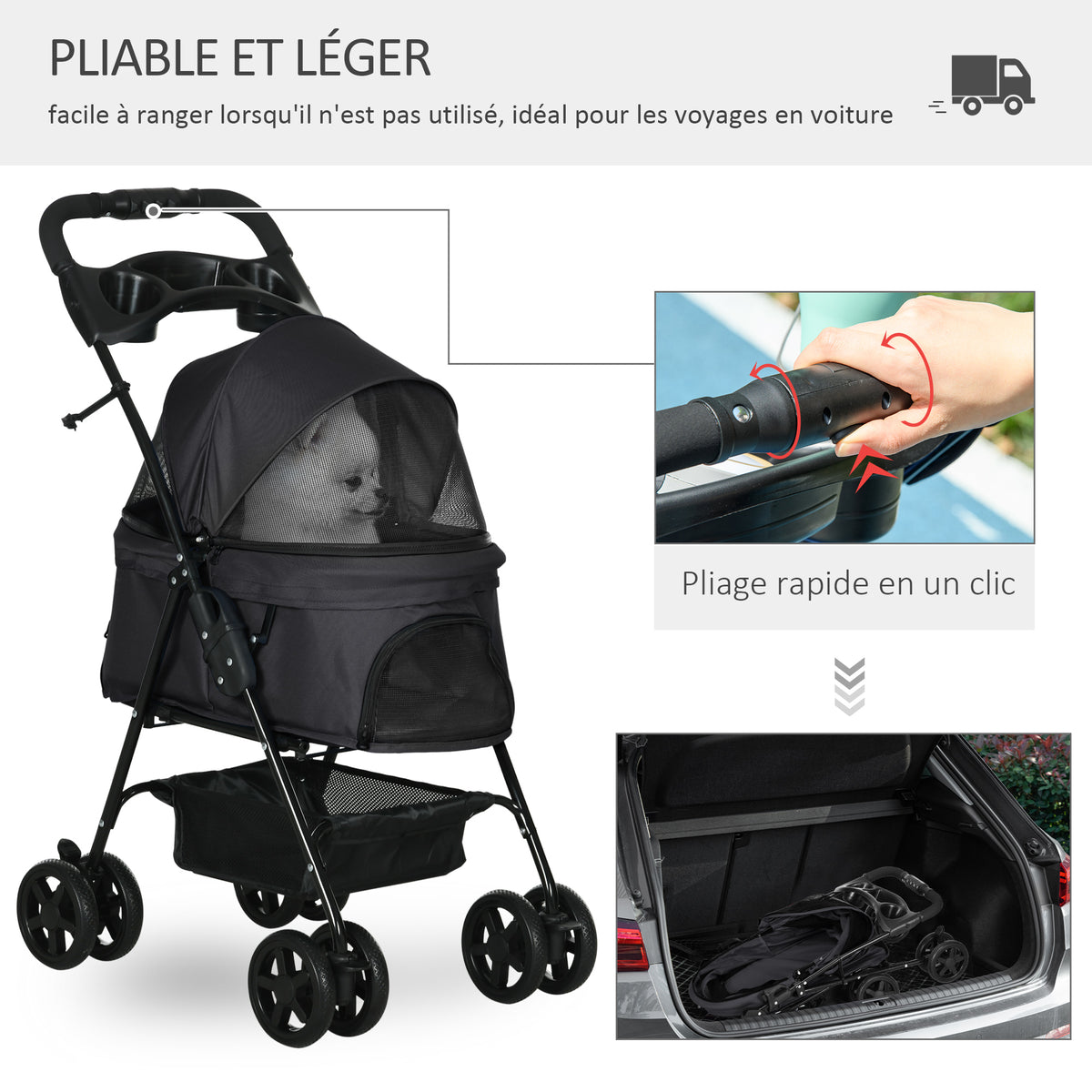 Poussette Buggy Pliable Chien Chat Panier Rangement Porte-Gobelets Tissu 300D Oxford Imperméable 4 Roues Noir-3