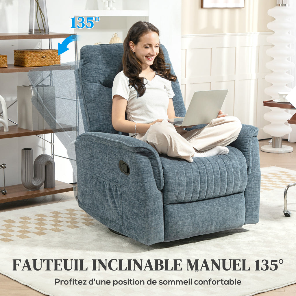 Fauteuil inclinable manuel pivotant avec repose-pieds rétractable, dossier réglable, bleu-3