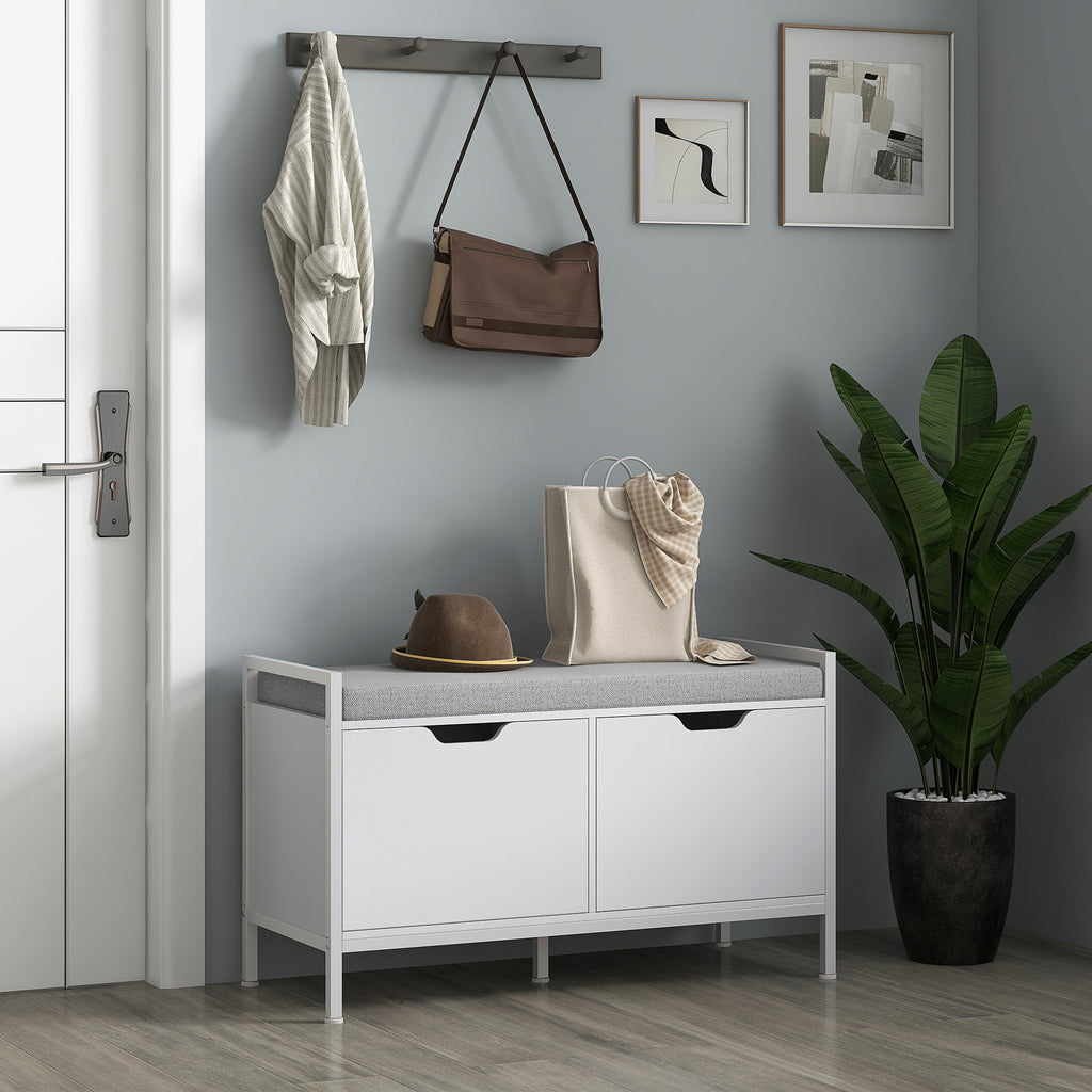 Banc meuble à chaussures, 2 placards, meuble d'entrée avec coussin rembourrée, 84l x 35P x 50H cm, blanc-9