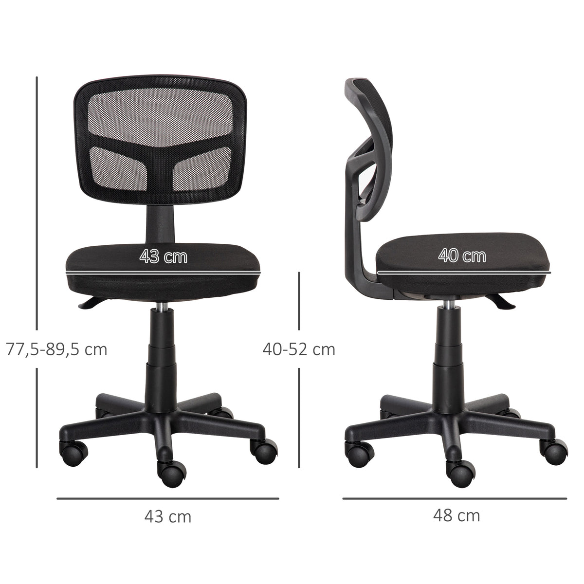 Chaise de bureau sans accoudoirs, fauteuil de bureau en maille, hauteur réglable, assise rembourré, pivotant 360°, noir-2