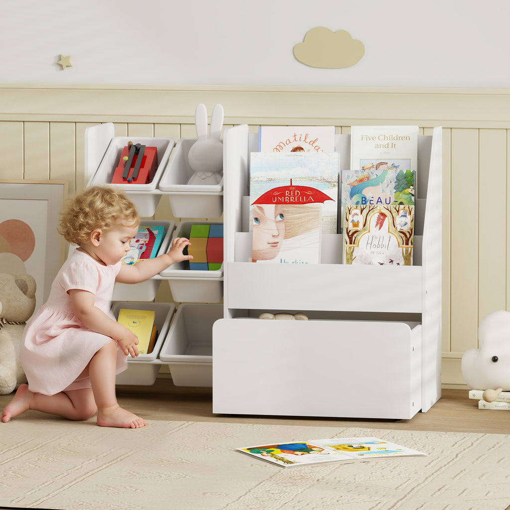 Meuble rangement enfant rangement jouet enfant 6 bacs amovibles et grand coffre à roulettes 100 x 30 x 80 cm blanc-1