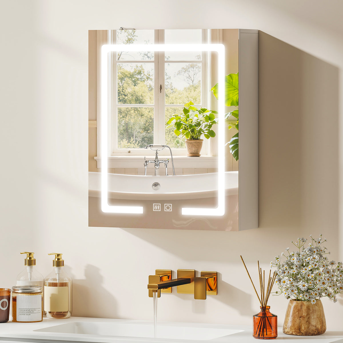 Armoire murale salle de bain avec miroir et éclairage LED, anti-buée, étagères réglables, 50 x 15 x 60 cm, blanc-1