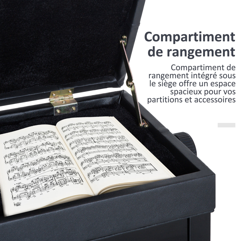 Banc de piano, banc de clavier réglable en hauteur en bois massif, tabouret piano avec compartiment caché, siège rembourré polyuréthane à 10 boutons, stable et antidérapant, charge 200kg, noir-4