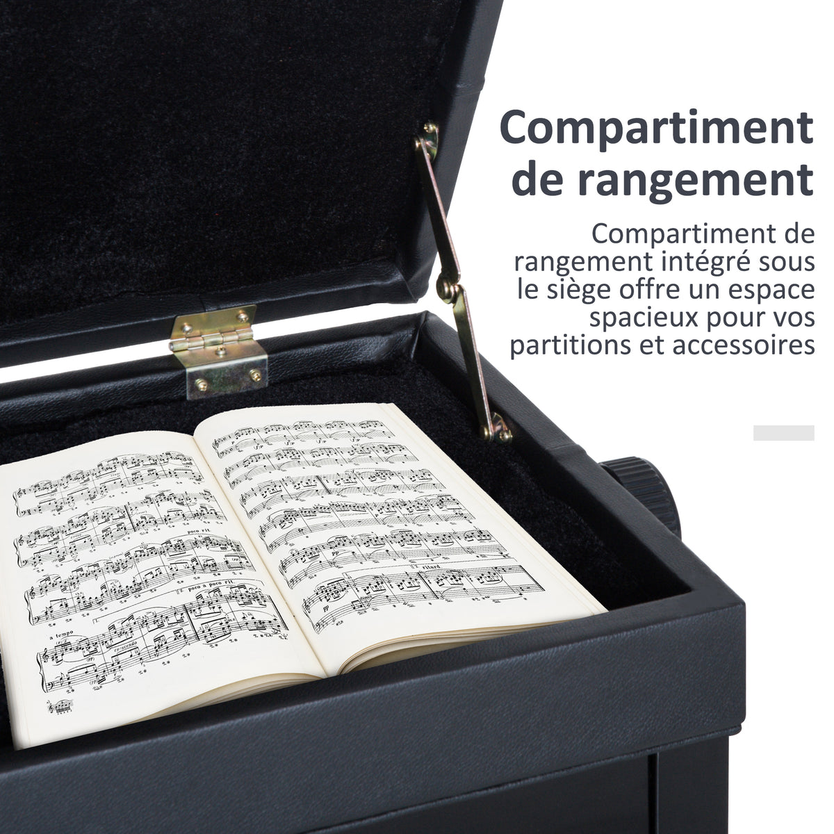 Banc de piano, banc de clavier réglable en hauteur en bois massif, tabouret piano avec compartiment caché, siège rembourré polyuréthane à 10 boutons, stable et antidérapant, charge 200kg, noir-4