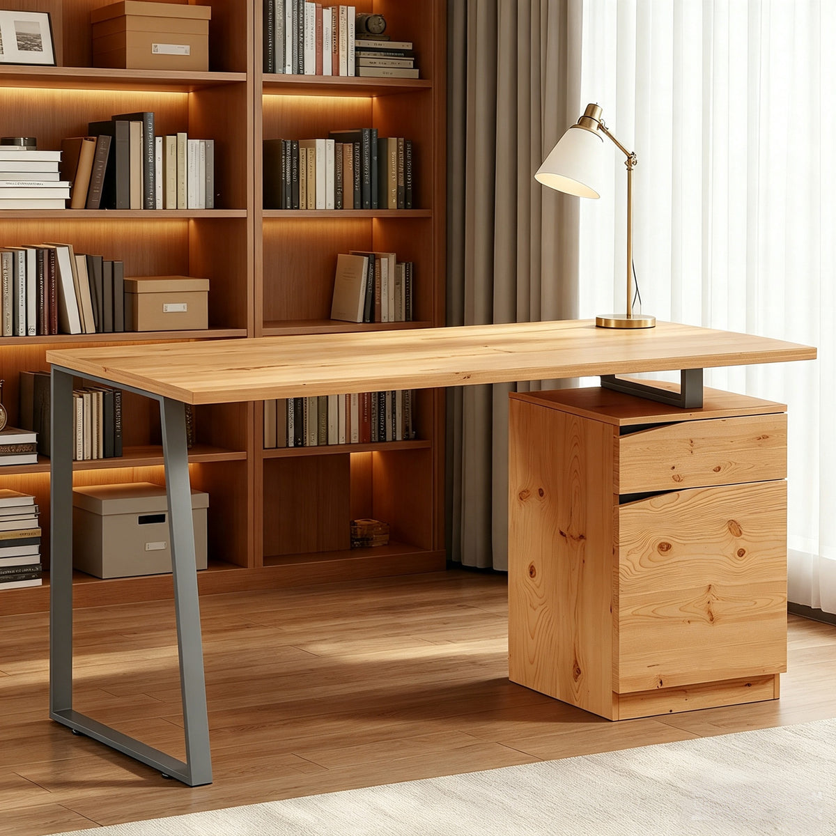 Bureau d'Ordinateur avec Placard et Tiroir 135 x 60 cm, Étagère Réglable, Pieds en Métal, Style Industriel, Bois Naturel-1