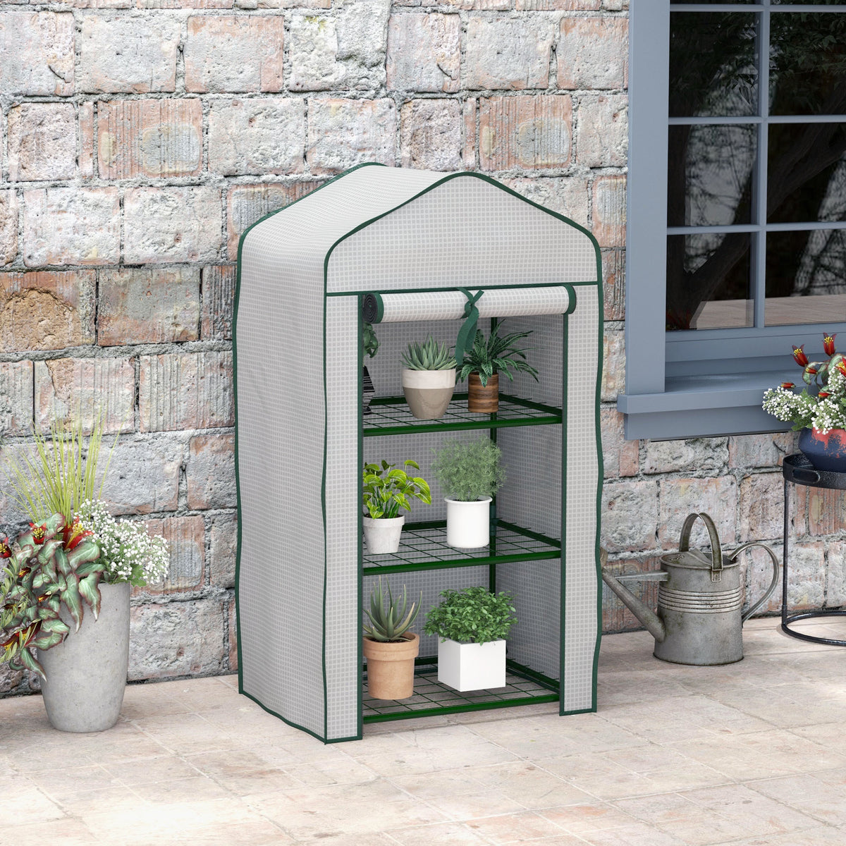 Serre de Jardin étagère 3 Niveaux dim. 59L x 39l x 127H cm métal thermolaqué Vert PE Haute densité 140g/m² Blanc-1