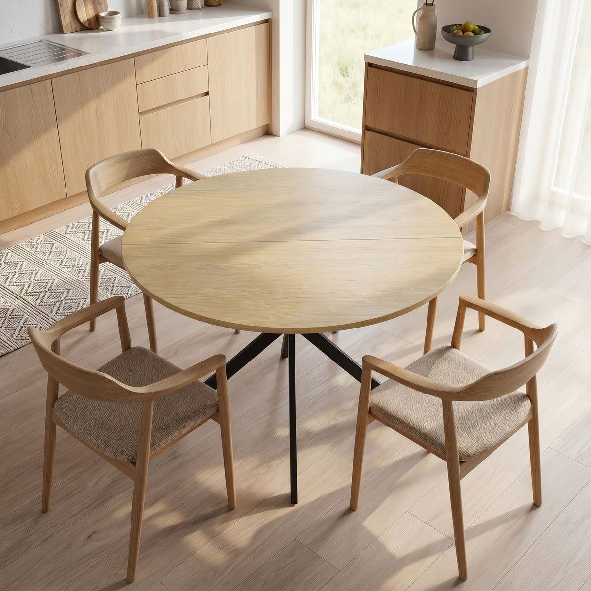 Table à Manger Ronde pour 4 Personnes 100 cm, Style Industriel avec Plateau Aspect Bois, Piètement Croisé en Acier Chêne-1
