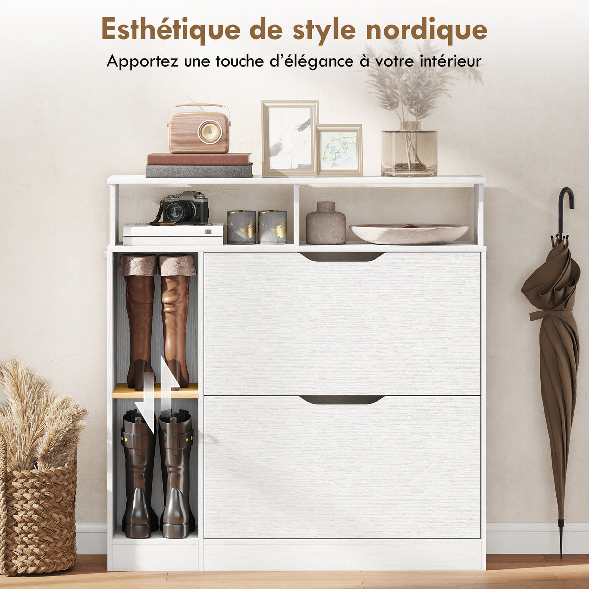 Meuble à chaussures, armoire à chaussures, 2 tiroirs rabattables, compartiments ouverts et étagère réglable, blanc-6