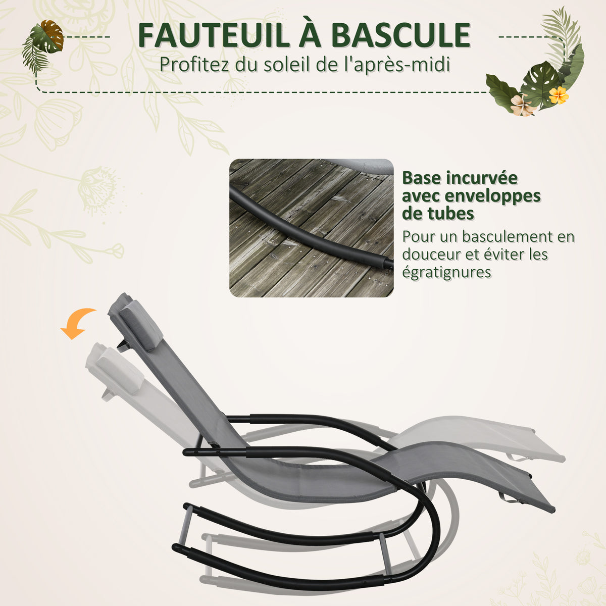 Chaise longue à bascule rocking chair ergonomique avec tétière accoudoirs métal galvanisé textilène Gris-3