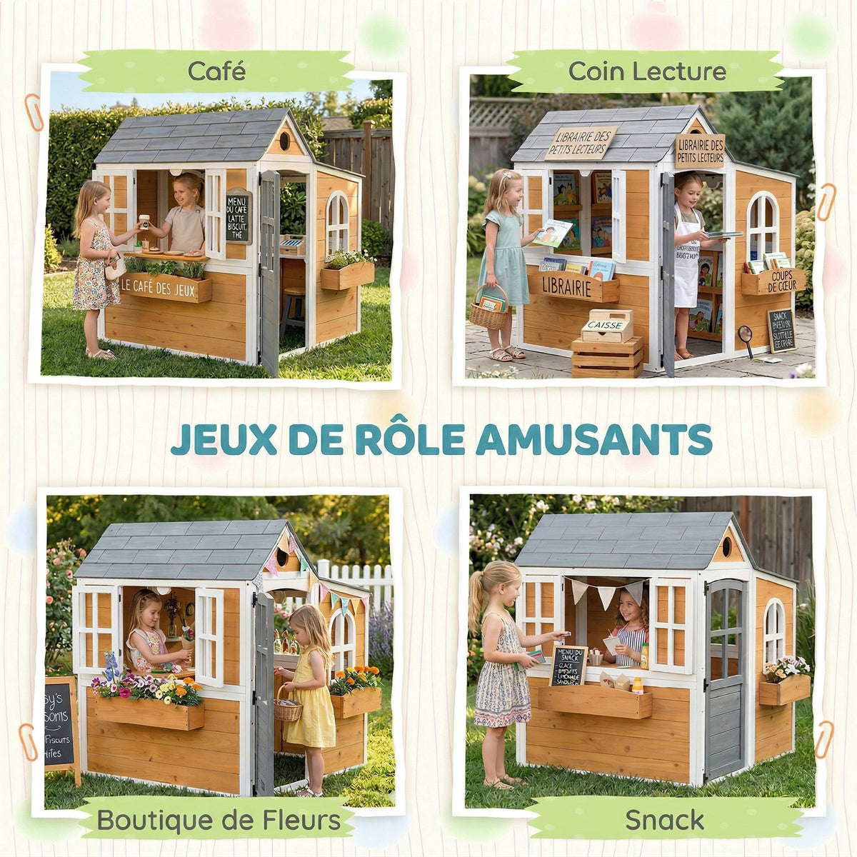 Cabane enfant extérieur en bois, maison enfant extérieure/intérieure avec porte, fenêtres, 3 bacs à fleurs, jaune-5
