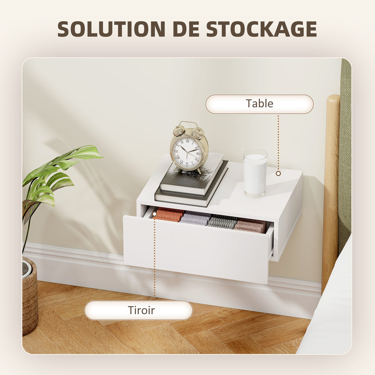 Lot de 2 tables de chevet murales, tables de nuit suspendues avec tiroir coulissant, 40 x 30 x 15 cm, blanc-4