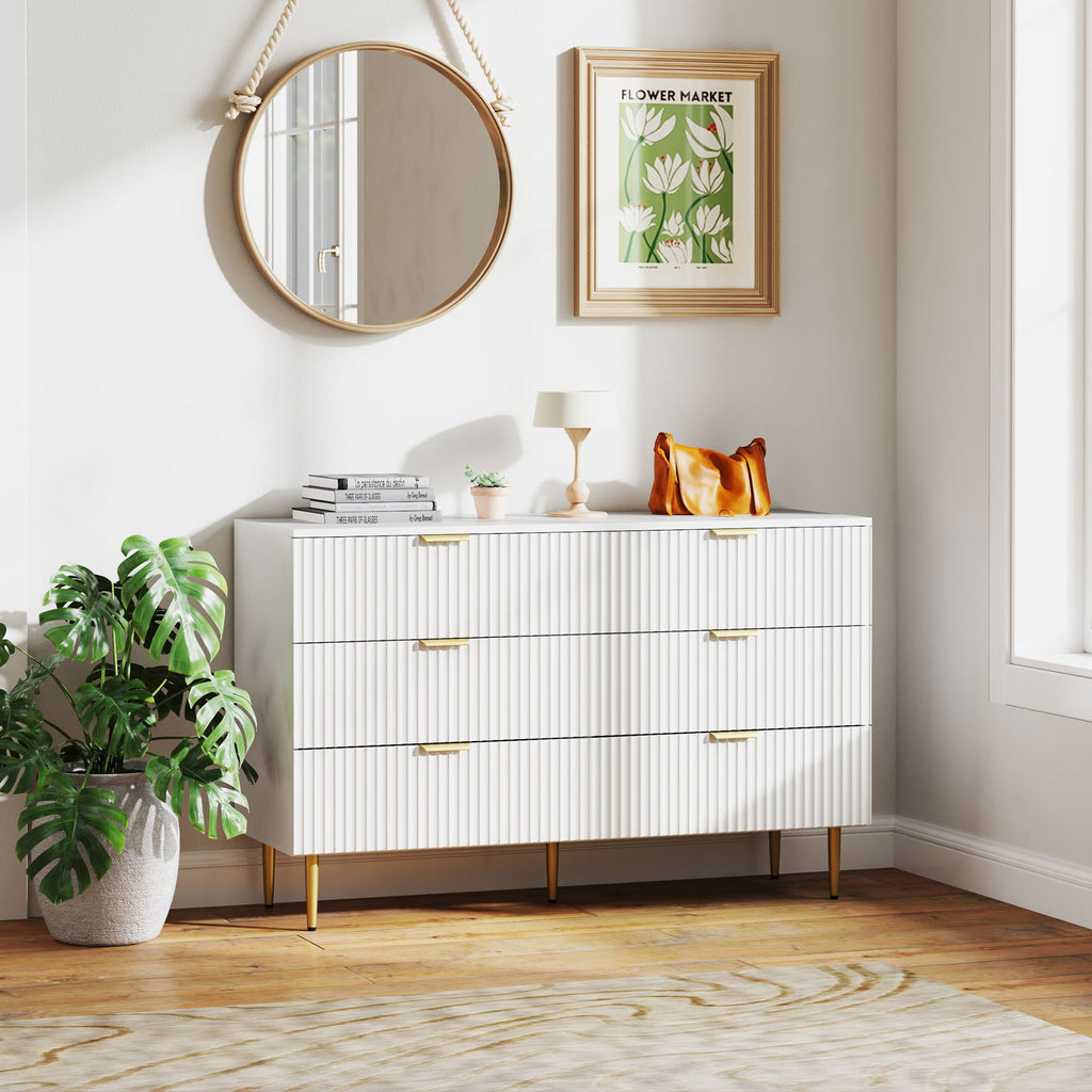 Commode 6 tiroirs commode chambre meuble de rangement moderne avec poignées et pieds dorés, 120 x 40 x 76,5 cm, blanc-1