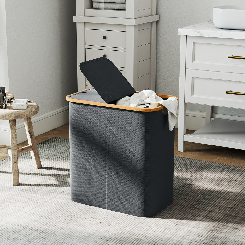 Panier à linge double pliable 80 L corbeille à linge sale avec couvercle, poignées rainurées, gris-9