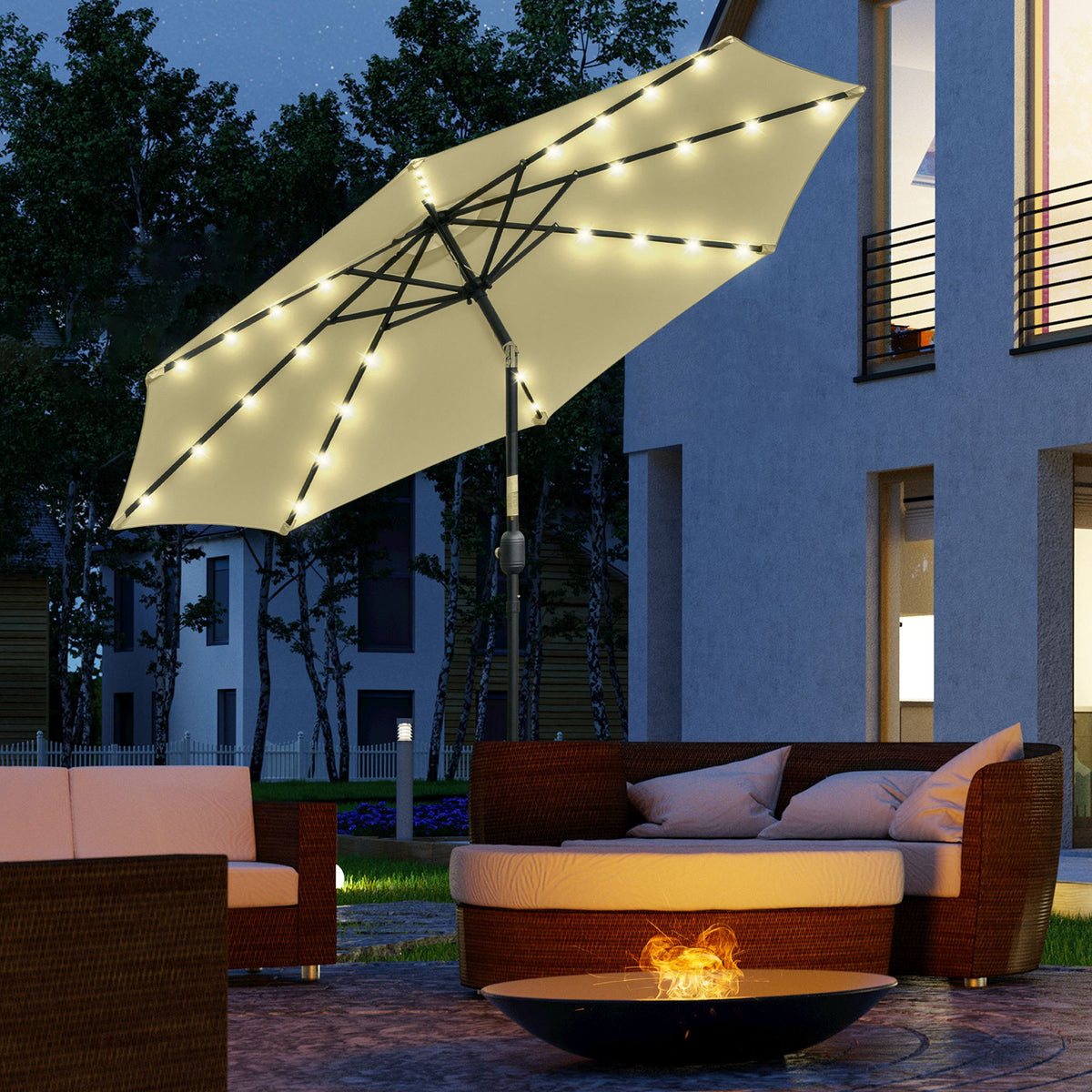 Parasol de Jardin Extérieur Rond Ø 265 cm, Lumières LED Solaires, Manivelle Inclinable, Mât en Acier, 8 Baleines, Beige-1