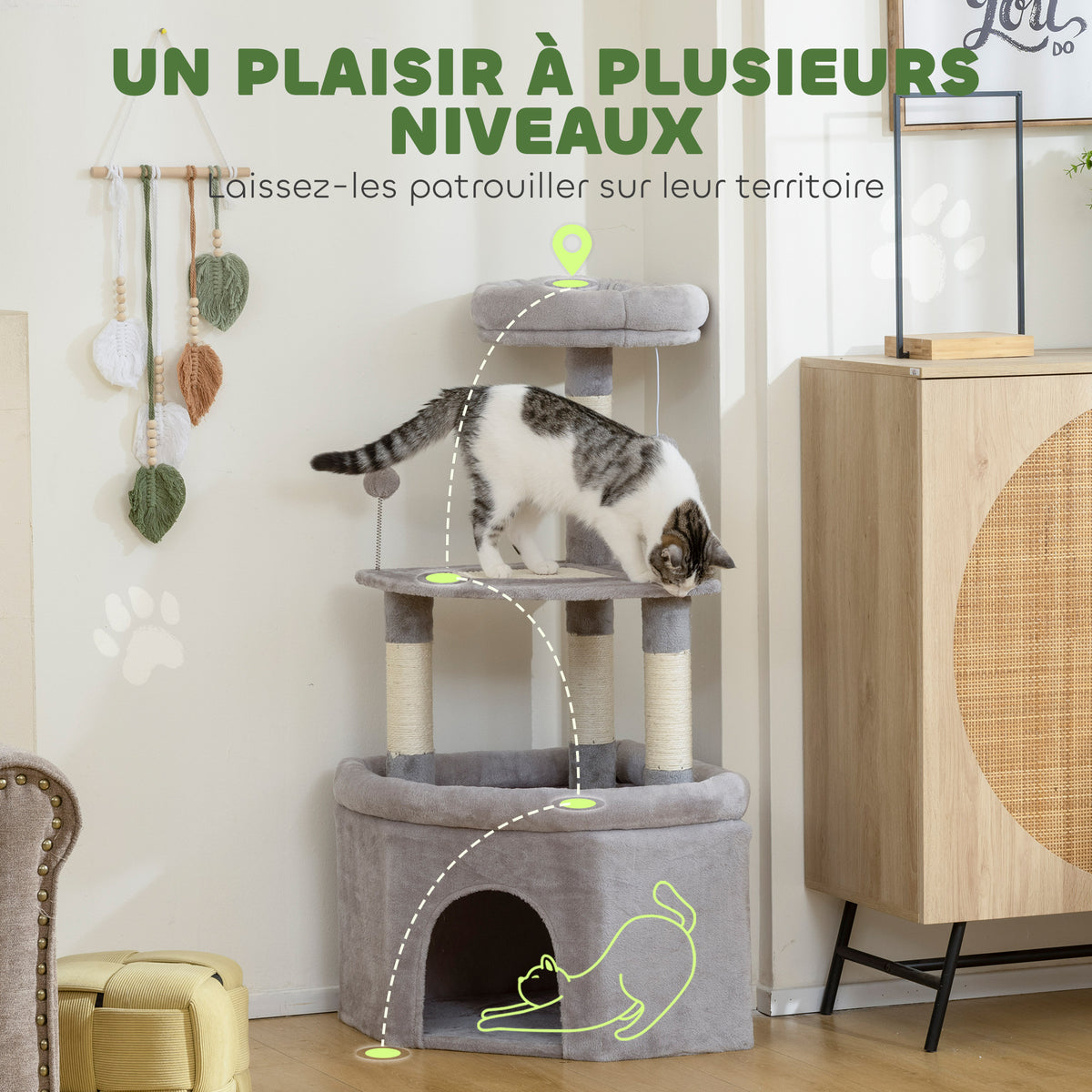 Arbre à chat tour de jeux pour chats griffoirs sisal, plate-forme, niche, tissu peluche, balles, 49x49x114cm gris clair-3