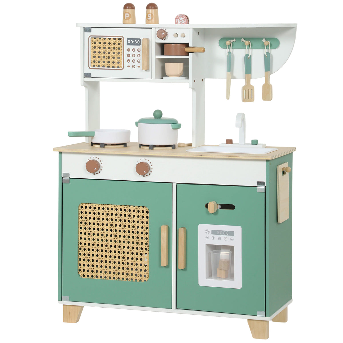 Cuisine Enfant en Bois 19 Accessoires, Cafetière, Machine à Glaçons, Micro-Ondes, Placard, 3-6 Ans, 61x27x79,7cm, Vert-0