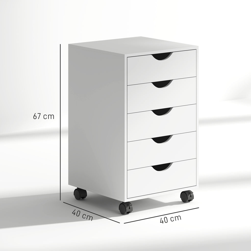 Caisson bureau mobile, meuble rangement sur roulettes avec 5 tiroirs, bois, 40 x 40 x 67 cm, blanc-2