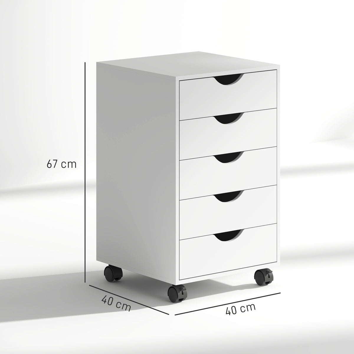 Caisson bureau mobile, meuble rangement sur roulettes avec 5 tiroirs, bois, 40 x 40 x 67 cm, blanc-2