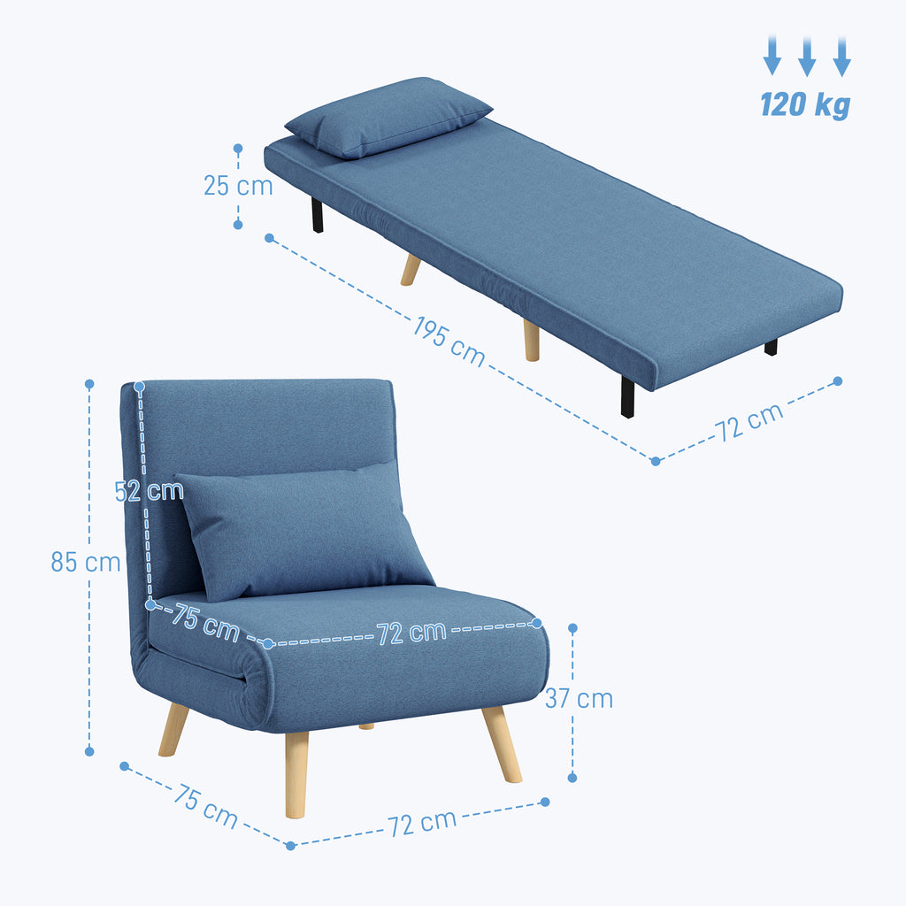 Fauteuil chauffeuse convertible 3 en 1 lit fauteuil lit 1 place dossier 5 positions en tissu avec coussin, bleu-2