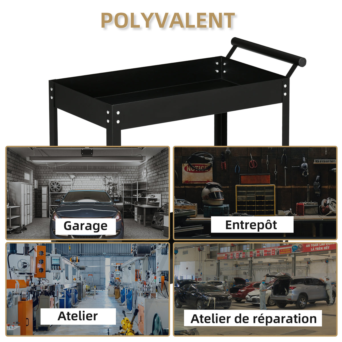 Chariot d'atelier servante atelier à 2 niveaux, poignée latérale et roulettes verrouillables, 84,5x38x84cm, noir-5