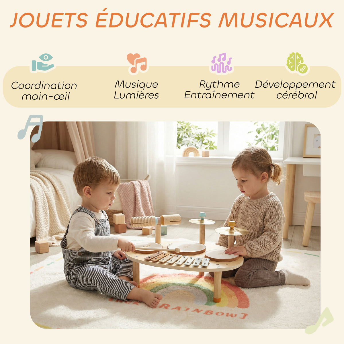 Jeux de Tambours pour Bébé, Tambour bébé avec Xylophone pour Tout-Petits, Instruments de Musique en Bois, Naturel-4
