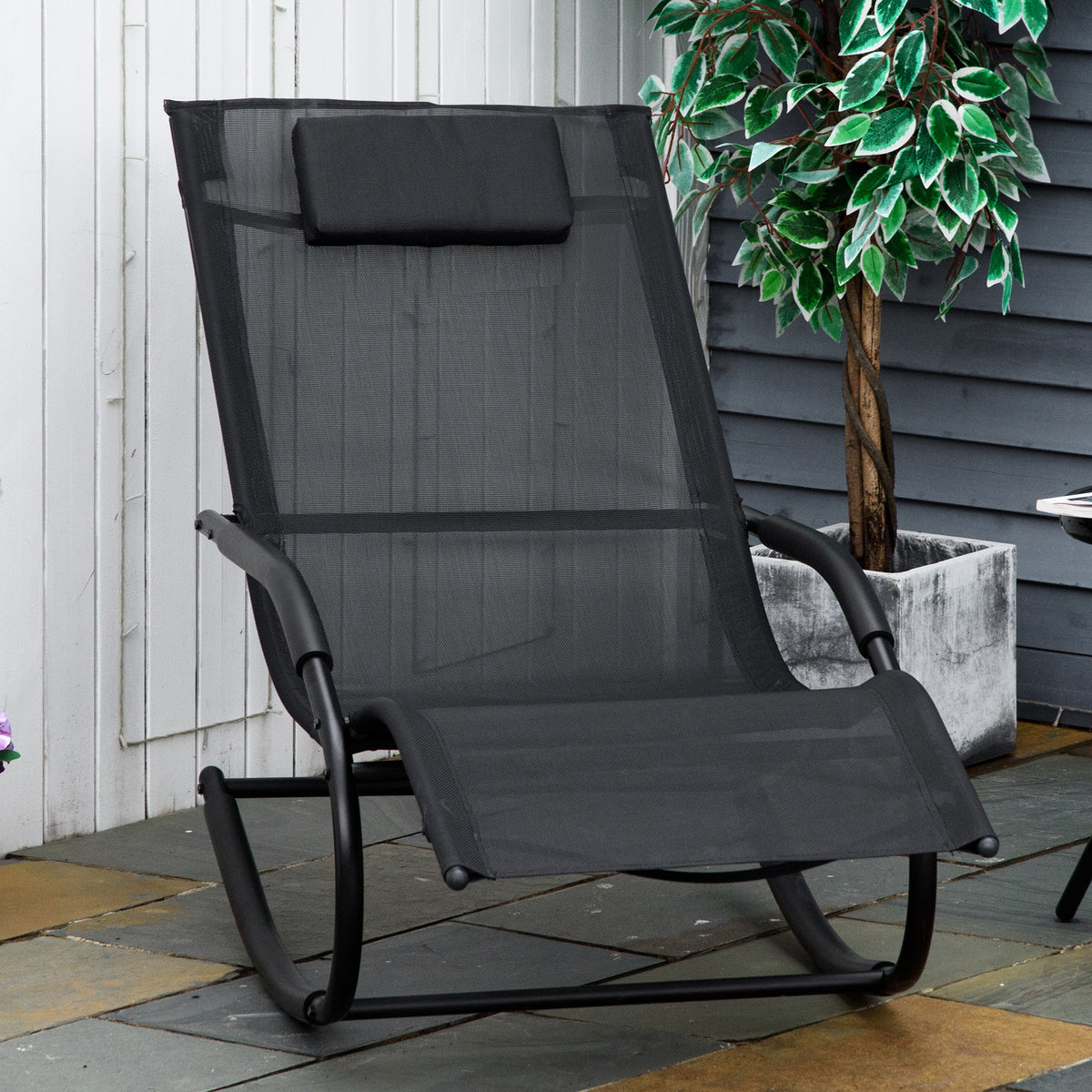 Chaise longue à bascule rocking chair ergonomique avec tétière accoudoirs métal galvanisé textilène 62l x 150P-9