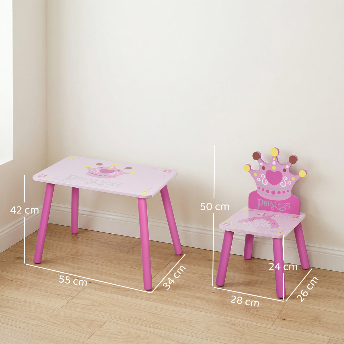 Ensemble table et 2 chaises enfant 3 pièces, pieds en bois massif, table avec chaise motif couronne, pour filles et garçons de 2 à 4 ans, rose-2
