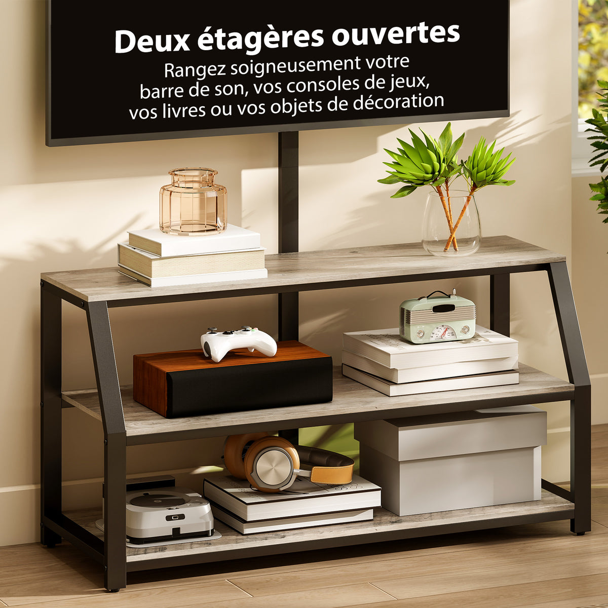 Meuble TV avec support pour téléviseurs jusqu'à 72 pouces, meuble télé avec 2 étagères ouvertes, 110x43x150cm, gris-4