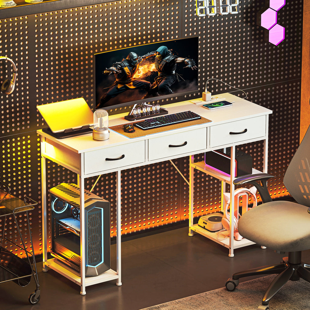 Bureau avec rangement avec prises de courant, 3 tiroirs en tissu et 4 étagères de rangement, 120 x 40 x 76 cm, blanc-8