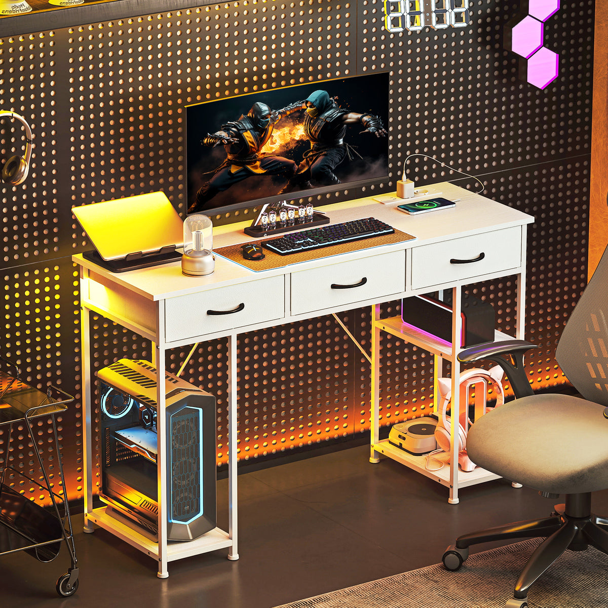 Bureau avec rangement avec prises de courant, 3 tiroirs en tissu et 4 étagères de rangement, 120 x 40 x 76 cm, blanc-8