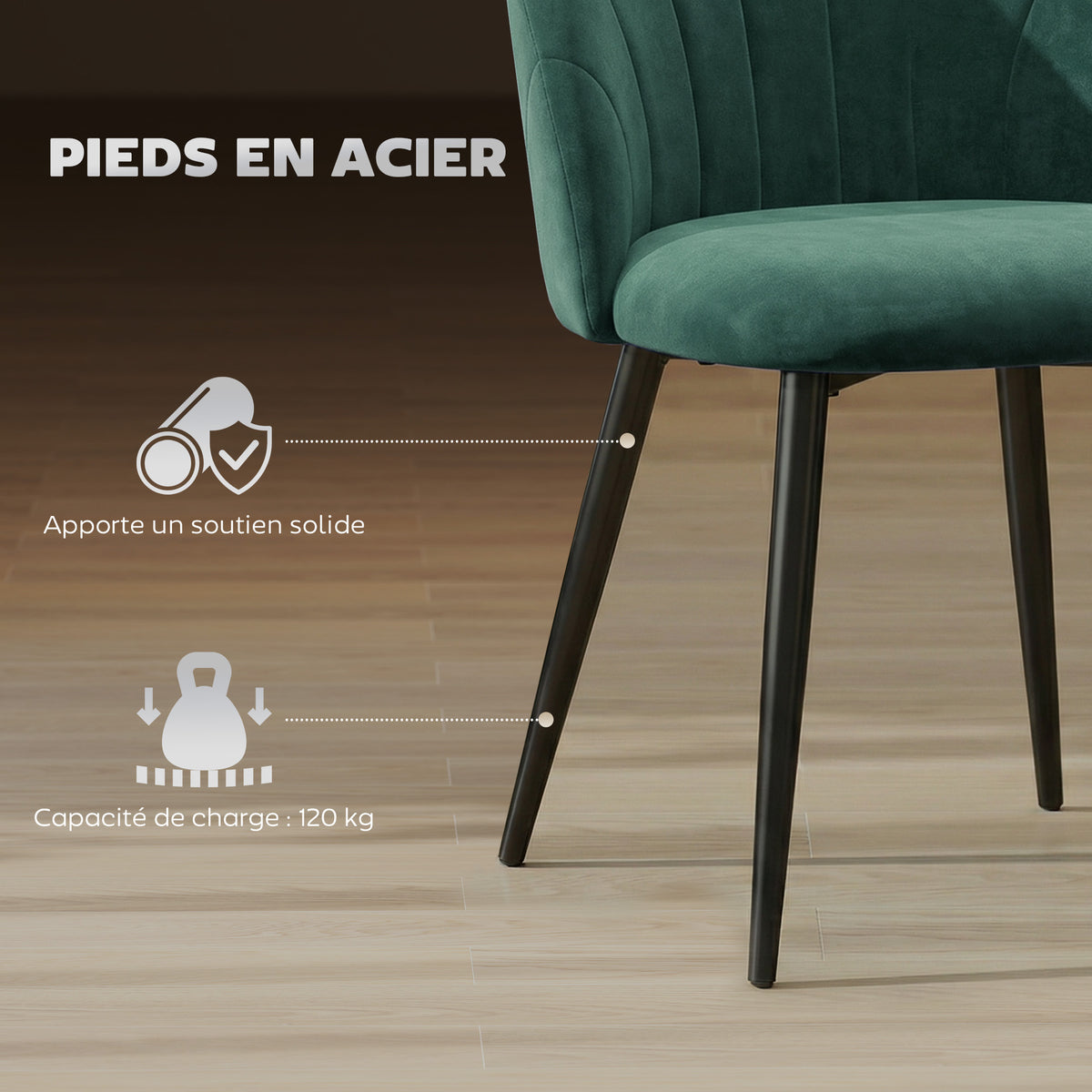 Lot de 2 chaises de salle à manger, chaises de cuisine rembourrées sans accoudoirs, pieds en acier, 52x55x79cm, vert-4