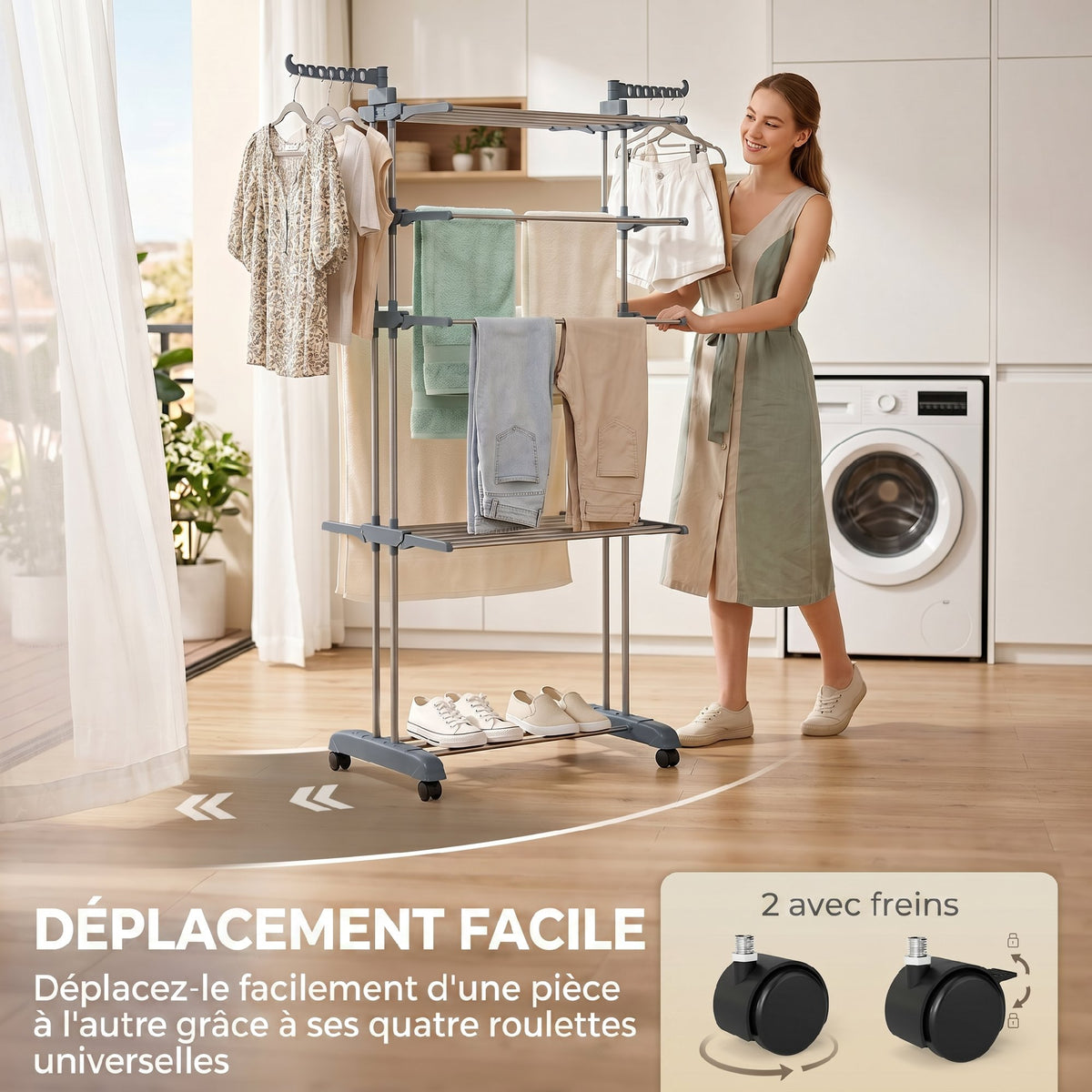 Séchoir à linge pliable 4 niveaux avec roulettes, étendoir linge intérieur avec ailes latérales, cadre en acier, gris-4