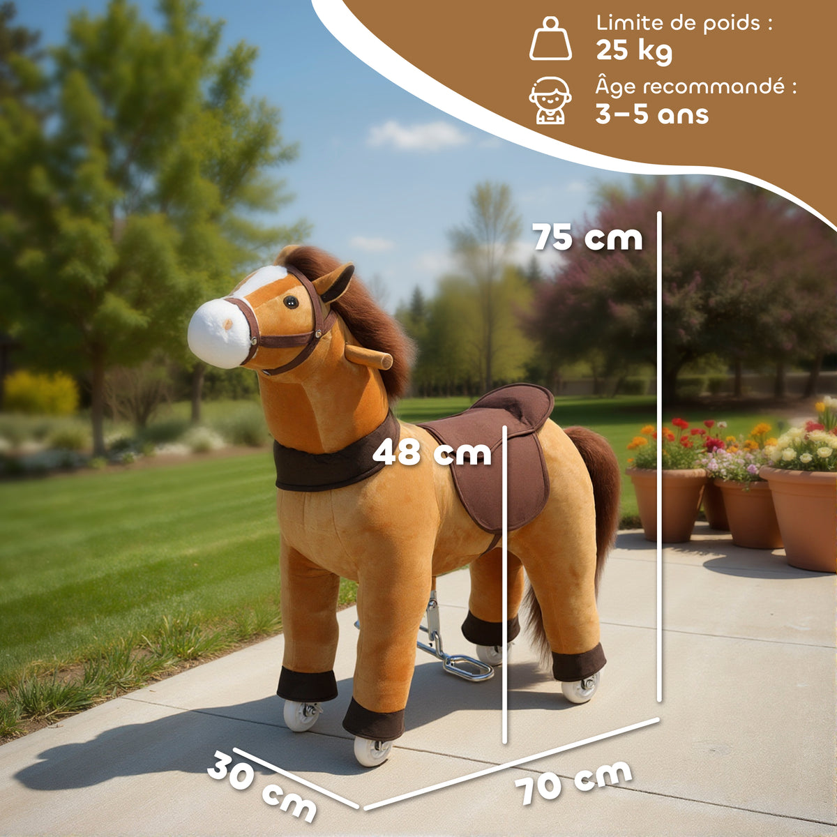 Cheval à Monter pour Enfant, Cheval à Roulettes en Peluche, Poignée, 75 cm de Haut, pour 3 à 5 Ans, Marron-2