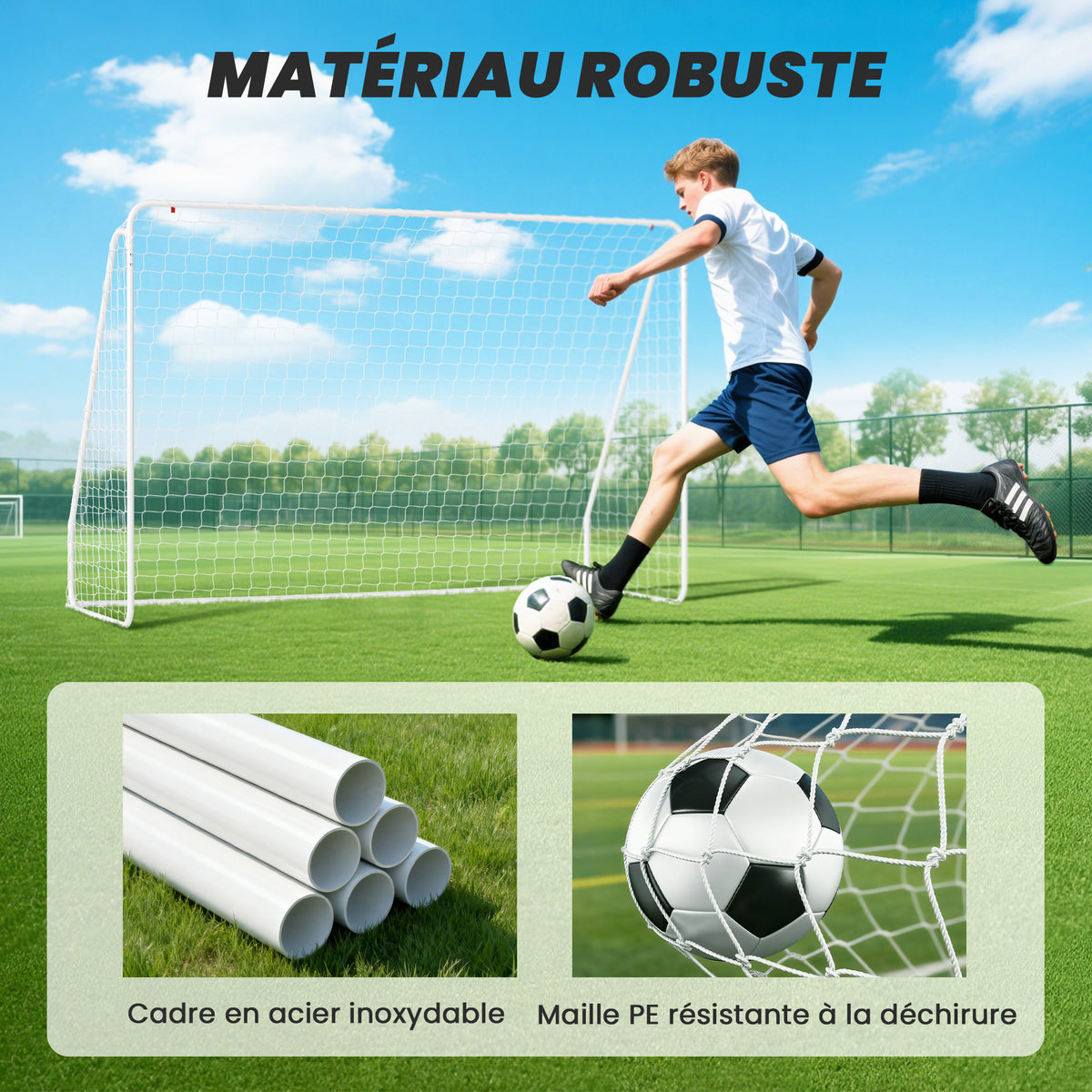 But de football - cage de foot - but d'entrainement dim. 301L x 120l x 200H cm - châssis métal époxy filet PE - piquets inclus - blanc-5